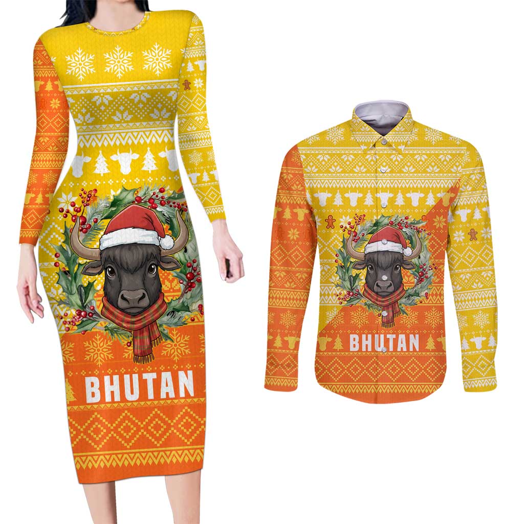 Bhutan Christmas Couples Matching Long Sleeve Bodycon Dress and Long Sleeve Button Shirt with Takin Reindeer Antlers Santa Hat and Yellow Orange Holiday Pattern - Wonder Print Shop
