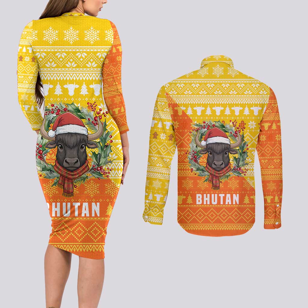 Bhutan Christmas Couples Matching Long Sleeve Bodycon Dress and Long Sleeve Button Shirt with Takin Reindeer Antlers Santa Hat and Yellow Orange Holiday Pattern - Wonder Print Shop