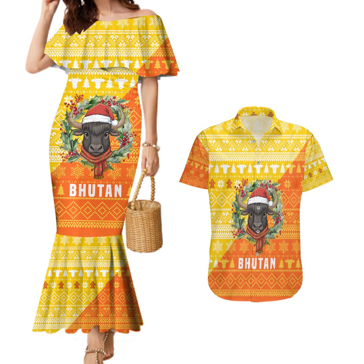 Bhutan Christmas Couples Matching Mermaid Dress and Hawaiian Shirt with Takin Reindeer Antlers Santa Hat and Yellow Orange Holiday Pattern - Wonder Print Shop