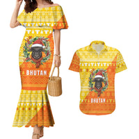 Bhutan Christmas Couples Matching Mermaid Dress and Hawaiian Shirt with Takin Reindeer Antlers Santa Hat and Yellow Orange Holiday Pattern - Wonder Print Shop