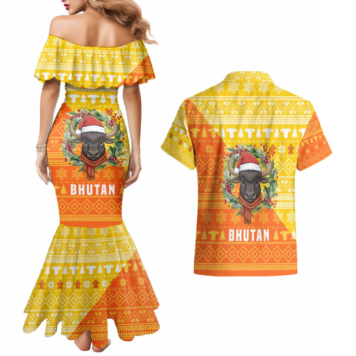 Bhutan Christmas Couples Matching Mermaid Dress and Hawaiian Shirt with Takin Reindeer Antlers Santa Hat and Yellow Orange Holiday Pattern - Wonder Print Shop