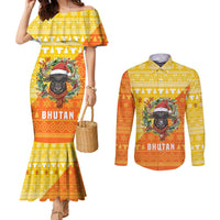 Bhutan Christmas Couples Matching Mermaid Dress and Long Sleeve Button Shirt with Takin Reindeer Antlers Santa Hat and Yellow Orange Holiday Pattern - Wonder Print Shop