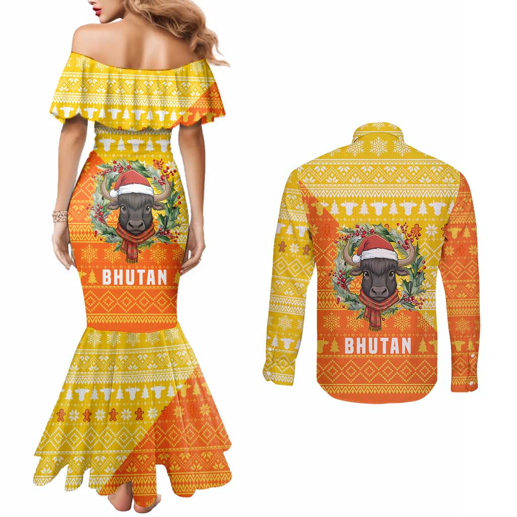 Bhutan Christmas Couples Matching Mermaid Dress and Long Sleeve Button Shirt with Takin Reindeer Antlers Santa Hat and Yellow Orange Holiday Pattern - Wonder Print Shop