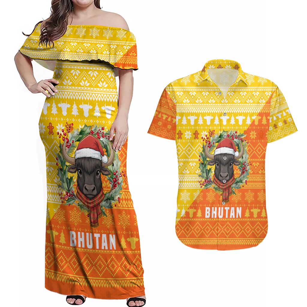 Bhutan Christmas Couples Matching Off Shoulder Maxi Dress and Hawaiian Shirt with Takin Reindeer Antlers Santa Hat and Yellow Orange Holiday Pattern - Wonder Print Shop
