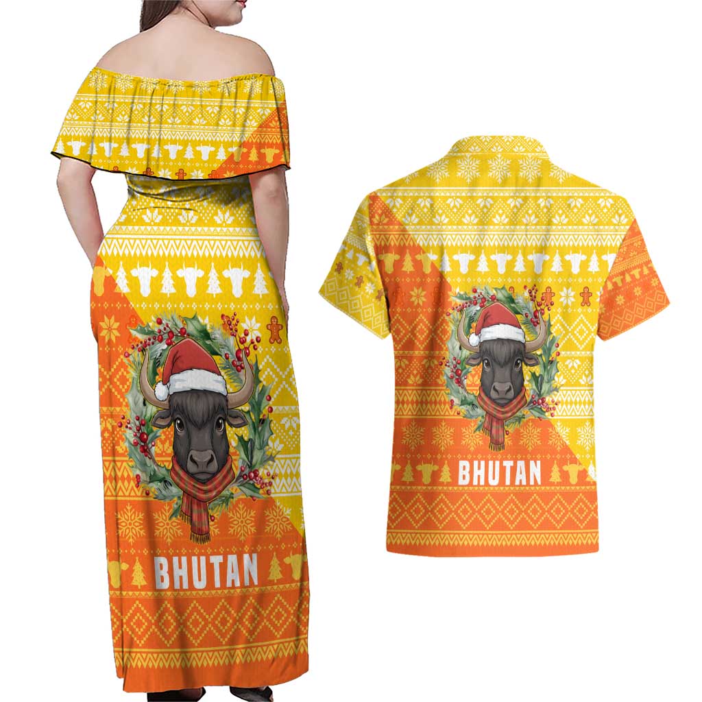 Bhutan Christmas Couples Matching Off Shoulder Maxi Dress and Hawaiian Shirt with Takin Reindeer Antlers Santa Hat and Yellow Orange Holiday Pattern - Wonder Print Shop