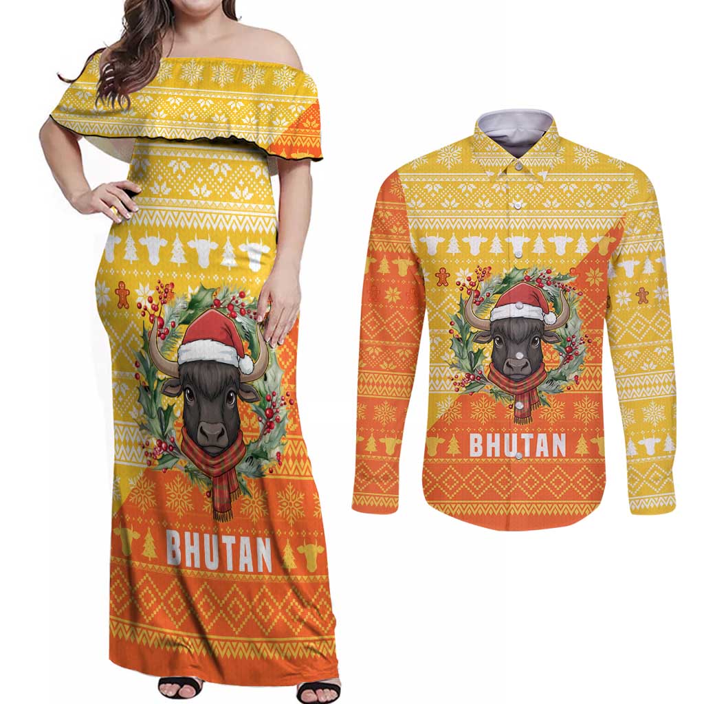 Bhutan Christmas Couples Matching Off Shoulder Maxi Dress and Long Sleeve Button Shirt with Takin Reindeer Antlers Santa Hat and Yellow Orange Holiday Pattern - Wonder Print Shop