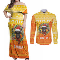 Bhutan Christmas Couples Matching Off Shoulder Maxi Dress and Long Sleeve Button Shirt with Takin Reindeer Antlers Santa Hat and Yellow Orange Holiday Pattern - Wonder Print Shop
