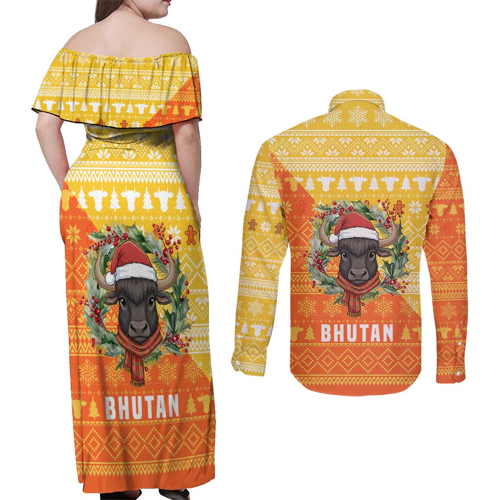 Bhutan Christmas Couples Matching Off Shoulder Maxi Dress and Long Sleeve Button Shirt with Takin Reindeer Antlers Santa Hat and Yellow Orange Holiday Pattern - Wonder Print Shop
