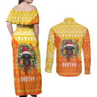 Bhutan Christmas Couples Matching Off Shoulder Maxi Dress and Long Sleeve Button Shirt with Takin Reindeer Antlers Santa Hat and Yellow Orange Holiday Pattern - Wonder Print Shop