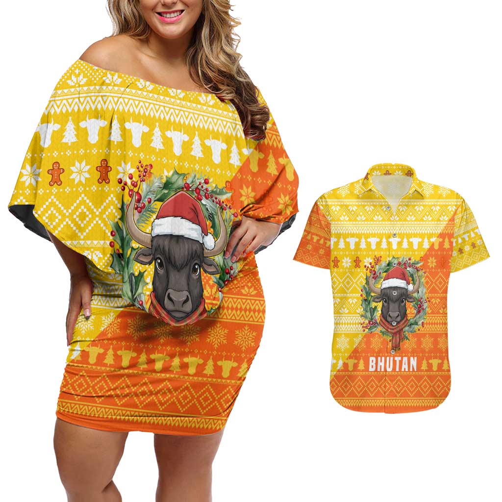 Bhutan Christmas Couples Matching Off Shoulder Short Dress and Hawaiian Shirt with Takin Reindeer Antlers Santa Hat and Yellow Orange Holiday Pattern - Wonder Print Shop