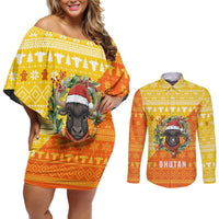 Bhutan Christmas Couples Matching Off Shoulder Short Dress and Long Sleeve Button Shirt with Takin Reindeer Antlers Santa Hat and Yellow Orange Holiday Pattern - Wonder Print Shop