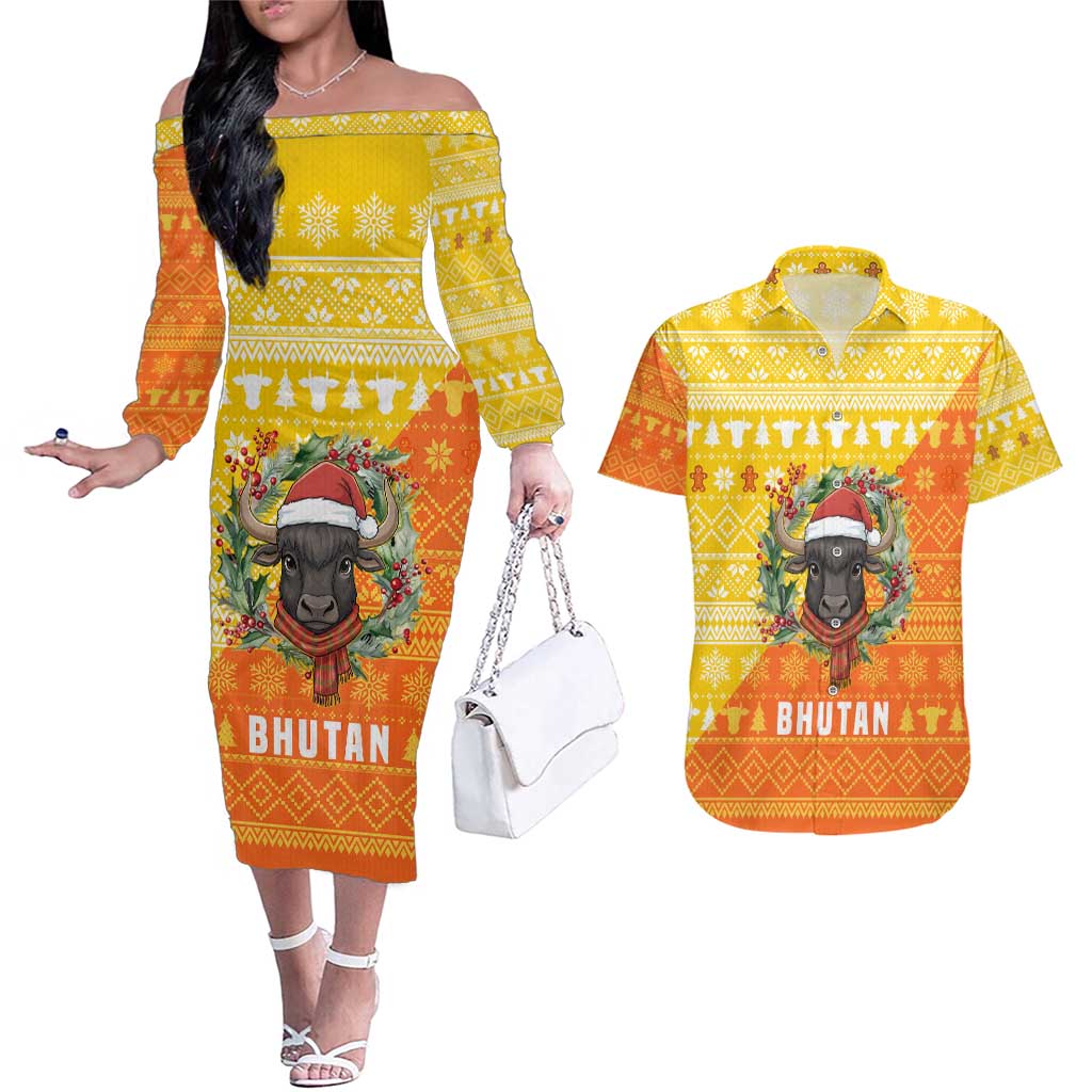 Bhutan Christmas Couples Matching Off The Shoulder Long Sleeve Dress and Hawaiian Shirt with Takin Reindeer Antlers Santa Hat and Yellow Orange Holiday Pattern - Wonder Print Shop