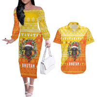Bhutan Christmas Couples Matching Off The Shoulder Long Sleeve Dress and Hawaiian Shirt with Takin Reindeer Antlers Santa Hat and Yellow Orange Holiday Pattern - Wonder Print Shop