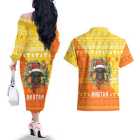 Bhutan Christmas Couples Matching Off The Shoulder Long Sleeve Dress and Hawaiian Shirt with Takin Reindeer Antlers Santa Hat and Yellow Orange Holiday Pattern - Wonder Print Shop