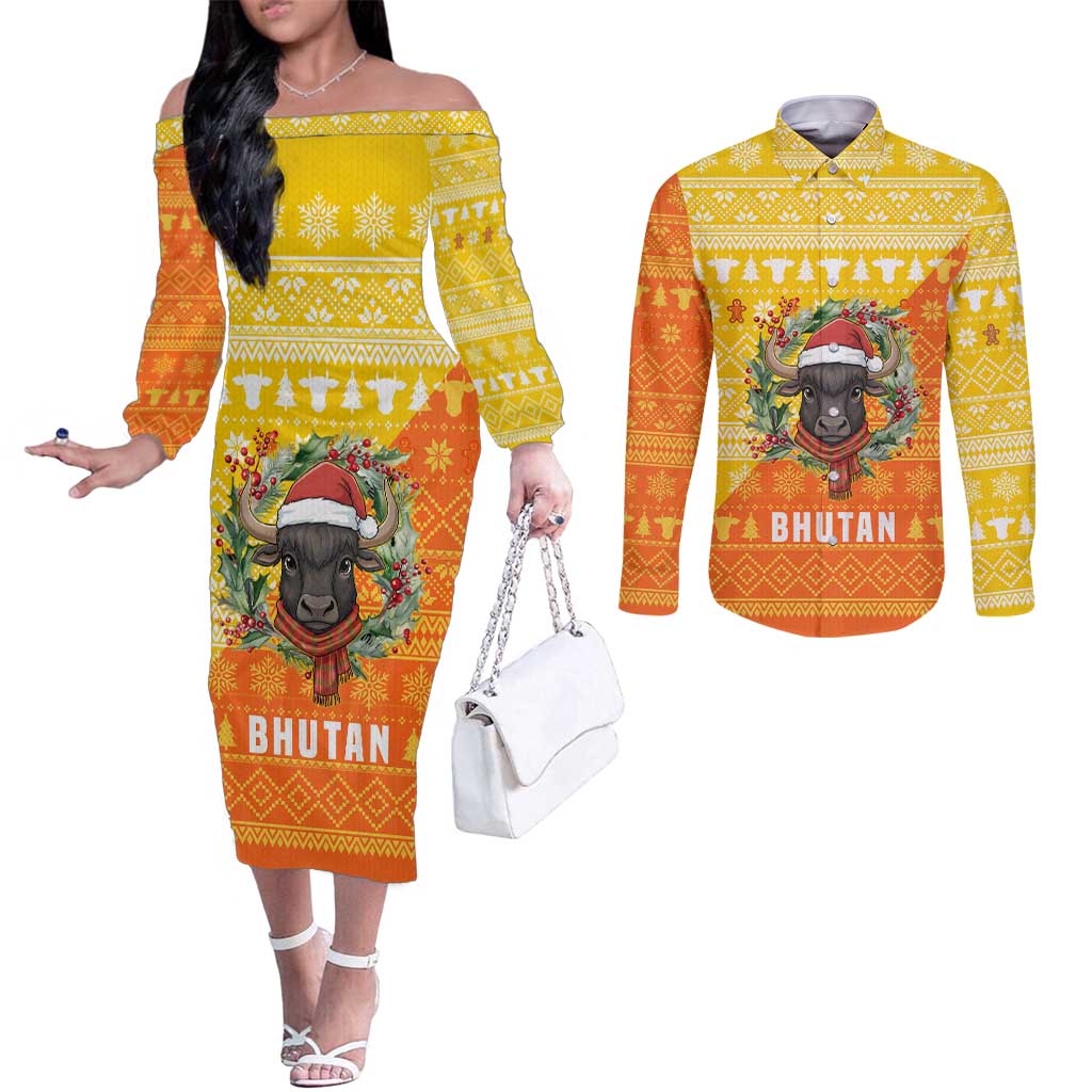 Bhutan Christmas Couples Matching Off The Shoulder Long Sleeve Dress and Long Sleeve Button Shirt with Takin Reindeer Antlers Santa Hat and Yellow Orange Holiday Pattern - Wonder Print Shop