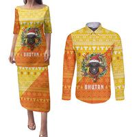 Bhutan Christmas Couples Matching Puletasi and Long Sleeve Button Shirt with Takin Reindeer Antlers Santa Hat and Yellow Orange Holiday Pattern - Wonder Print Shop