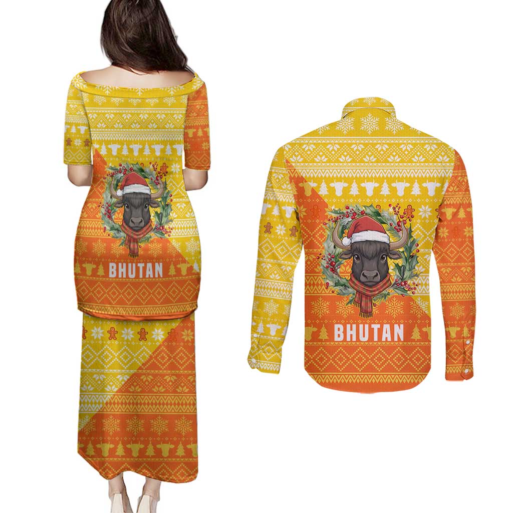 Bhutan Christmas Couples Matching Puletasi and Long Sleeve Button Shirt with Takin Reindeer Antlers Santa Hat and Yellow Orange Holiday Pattern - Wonder Print Shop