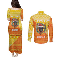Bhutan Christmas Couples Matching Puletasi and Long Sleeve Button Shirt with Takin Reindeer Antlers Santa Hat and Yellow Orange Holiday Pattern - Wonder Print Shop