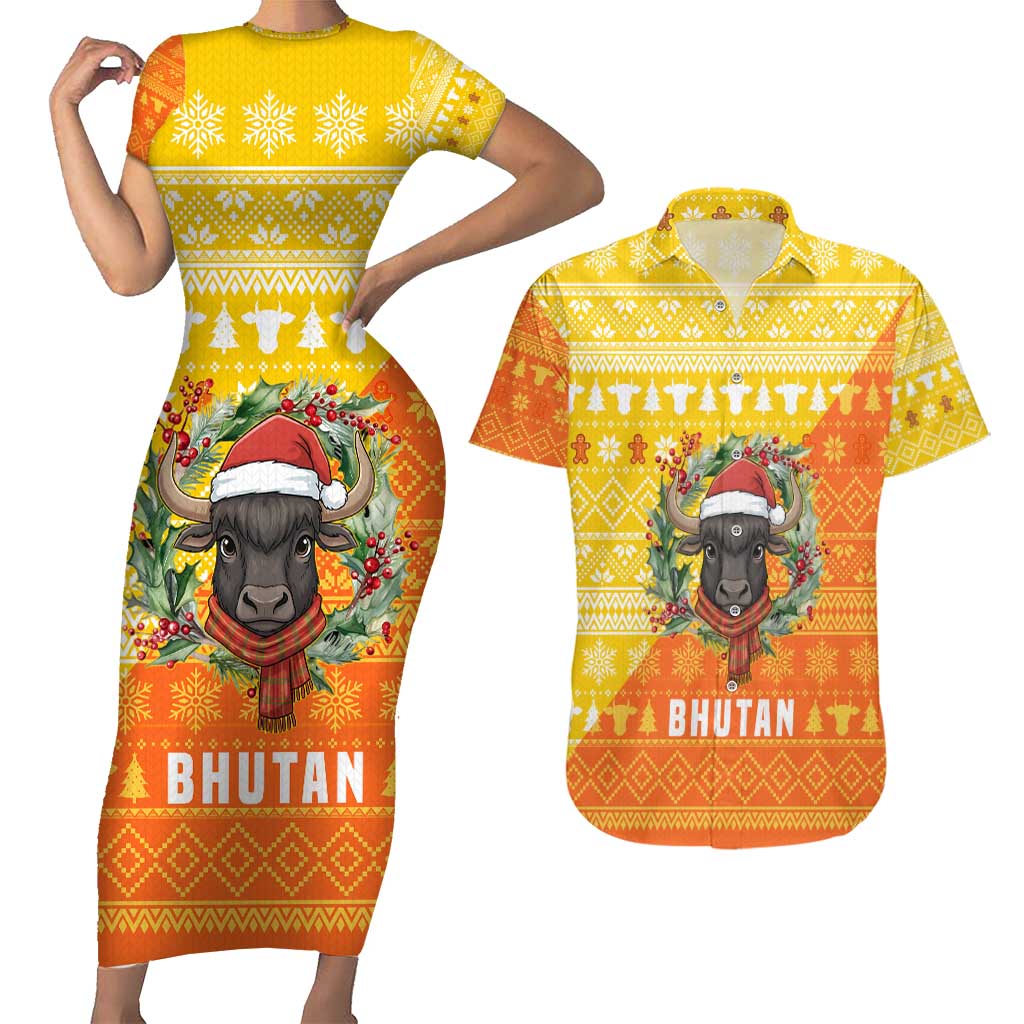 Bhutan Christmas Couples Matching Short Sleeve Bodycon Dress and Hawaiian Shirt with Takin Reindeer Antlers Santa Hat and Yellow Orange Holiday Pattern - Wonder Print Shop