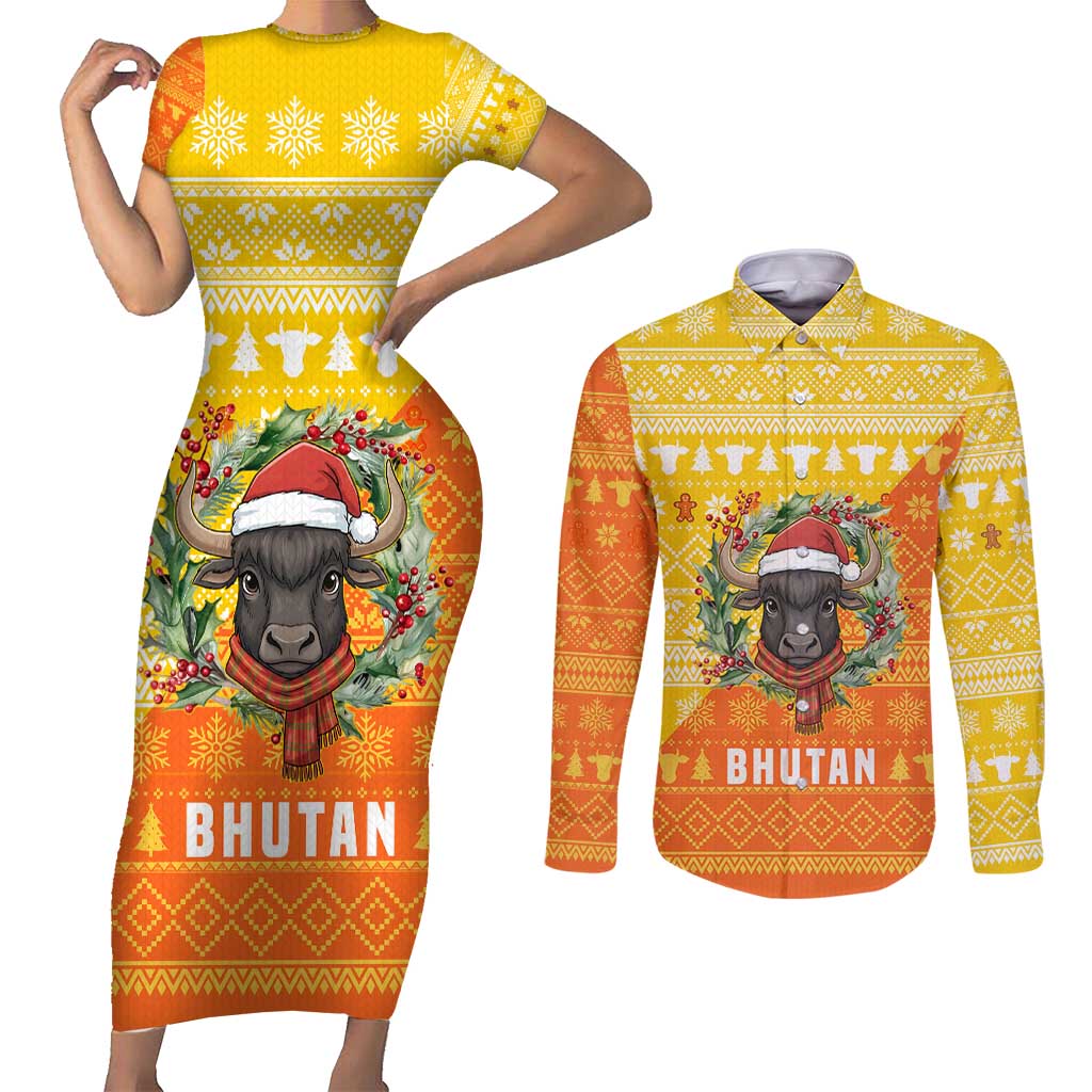 Bhutan Christmas Couples Matching Short Sleeve Bodycon Dress and Long Sleeve Button Shirt with Takin Reindeer Antlers Santa Hat and Yellow Orange Holiday Pattern - Wonder Print Shop