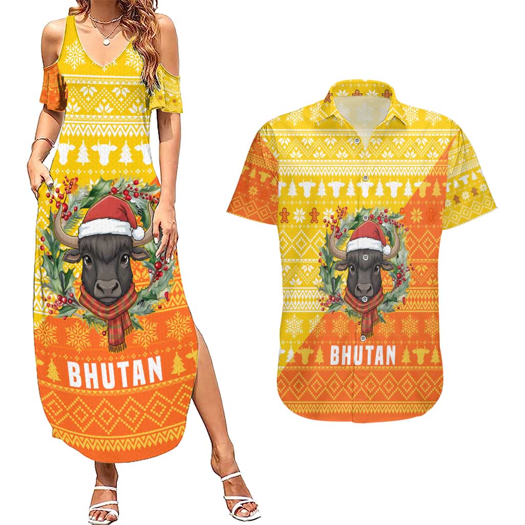 Bhutan Christmas Couples Matching Summer Maxi Dress and Hawaiian Shirt with Takin Reindeer Antlers Santa Hat and Yellow Orange Holiday Pattern - Wonder Print Shop