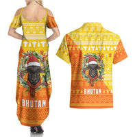 Bhutan Christmas Couples Matching Summer Maxi Dress and Hawaiian Shirt with Takin Reindeer Antlers Santa Hat and Yellow Orange Holiday Pattern - Wonder Print Shop
