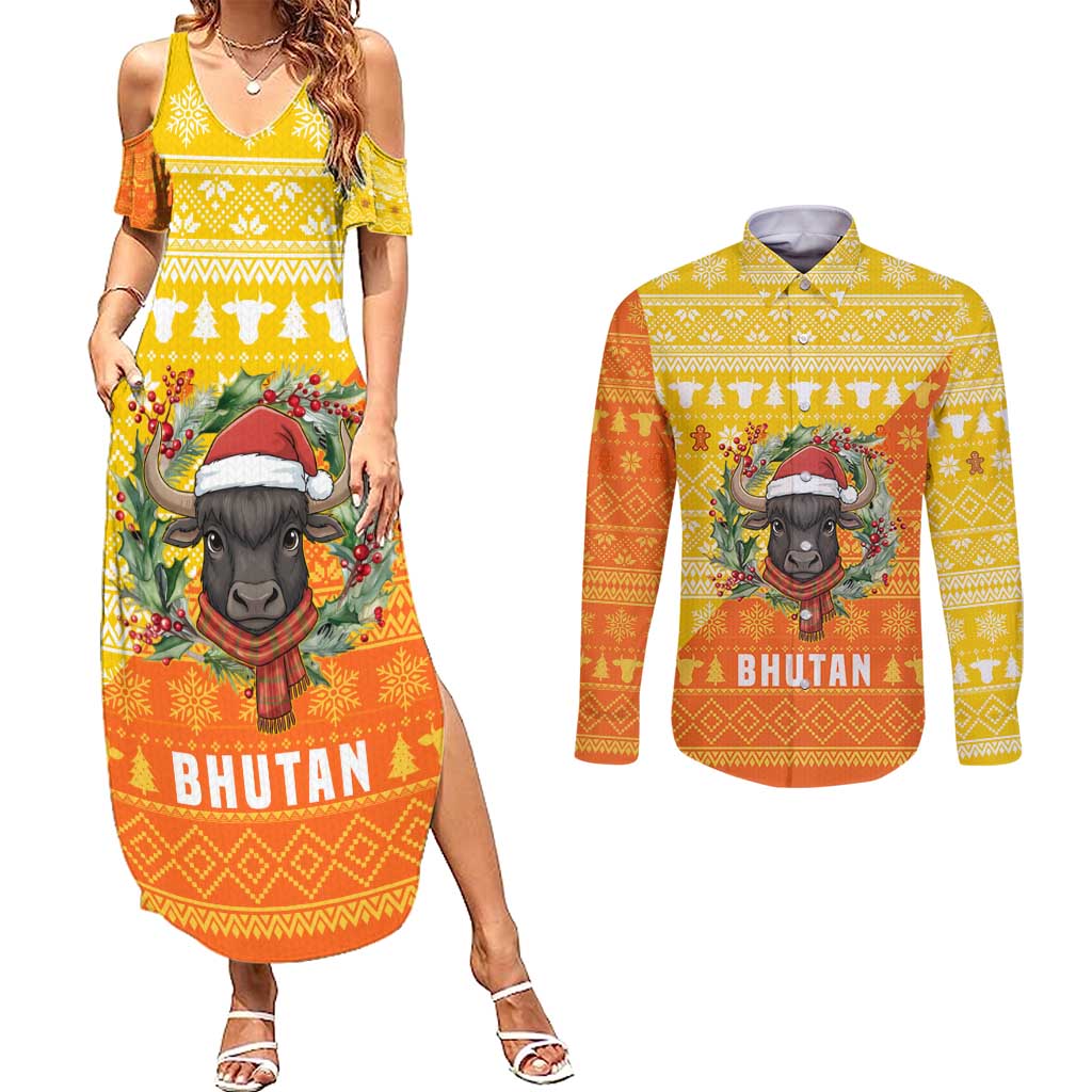 Bhutan Christmas Couples Matching Summer Maxi Dress and Long Sleeve Button Shirt with Takin Reindeer Antlers Santa Hat and Yellow Orange Holiday Pattern - Wonder Print Shop