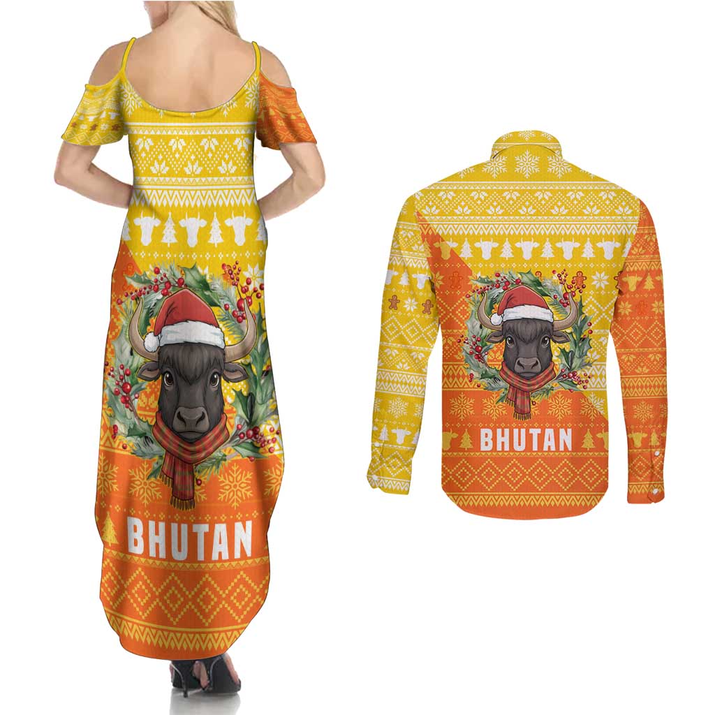 Bhutan Christmas Couples Matching Summer Maxi Dress and Long Sleeve Button Shirt with Takin Reindeer Antlers Santa Hat and Yellow Orange Holiday Pattern - Wonder Print Shop