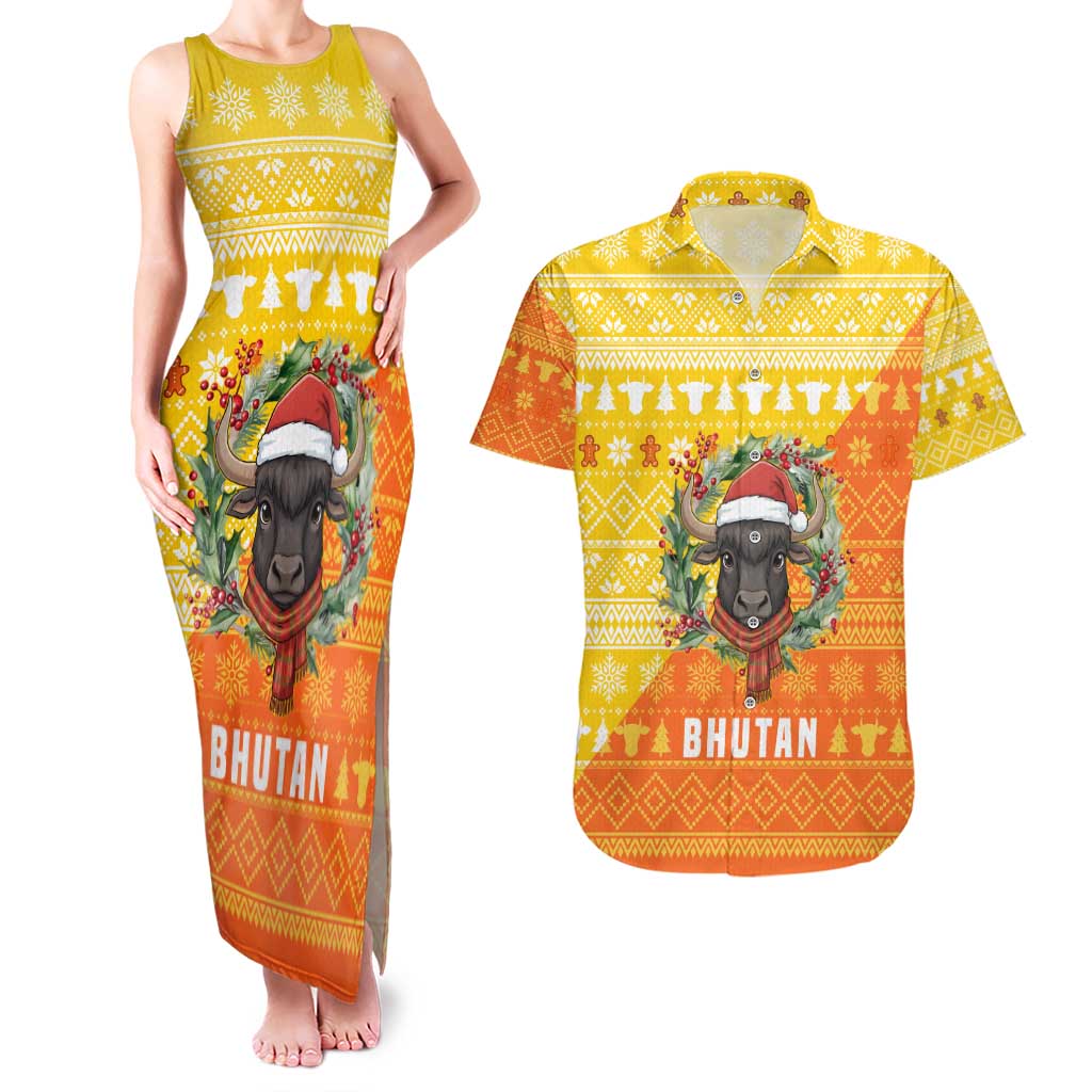 Bhutan Christmas Couples Matching Tank Maxi Dress and Hawaiian Shirt with Takin Reindeer Antlers Santa Hat and Yellow Orange Holiday Pattern - Wonder Print Shop
