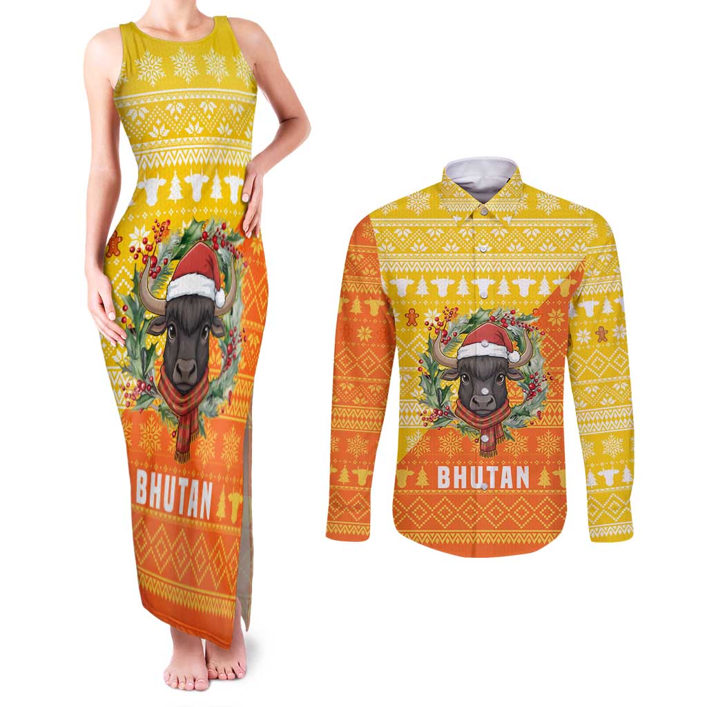 Bhutan Christmas Couples Matching Tank Maxi Dress and Long Sleeve Button Shirt with Takin Reindeer Antlers Santa Hat and Yellow Orange Holiday Pattern - Wonder Print Shop