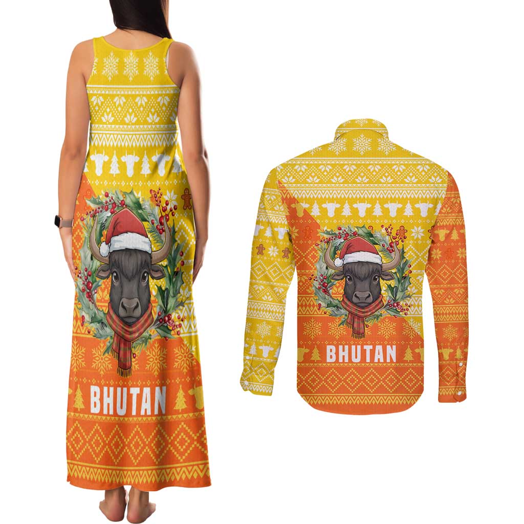 Bhutan Christmas Couples Matching Tank Maxi Dress and Long Sleeve Button Shirt with Takin Reindeer Antlers Santa Hat and Yellow Orange Holiday Pattern - Wonder Print Shop