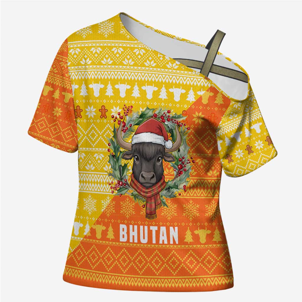 Bhutan Christmas Cross Shoulder Shirt with Takin Reindeer Antlers Santa Hat and Yellow Orange Holiday Pattern - Wonder Print Shop