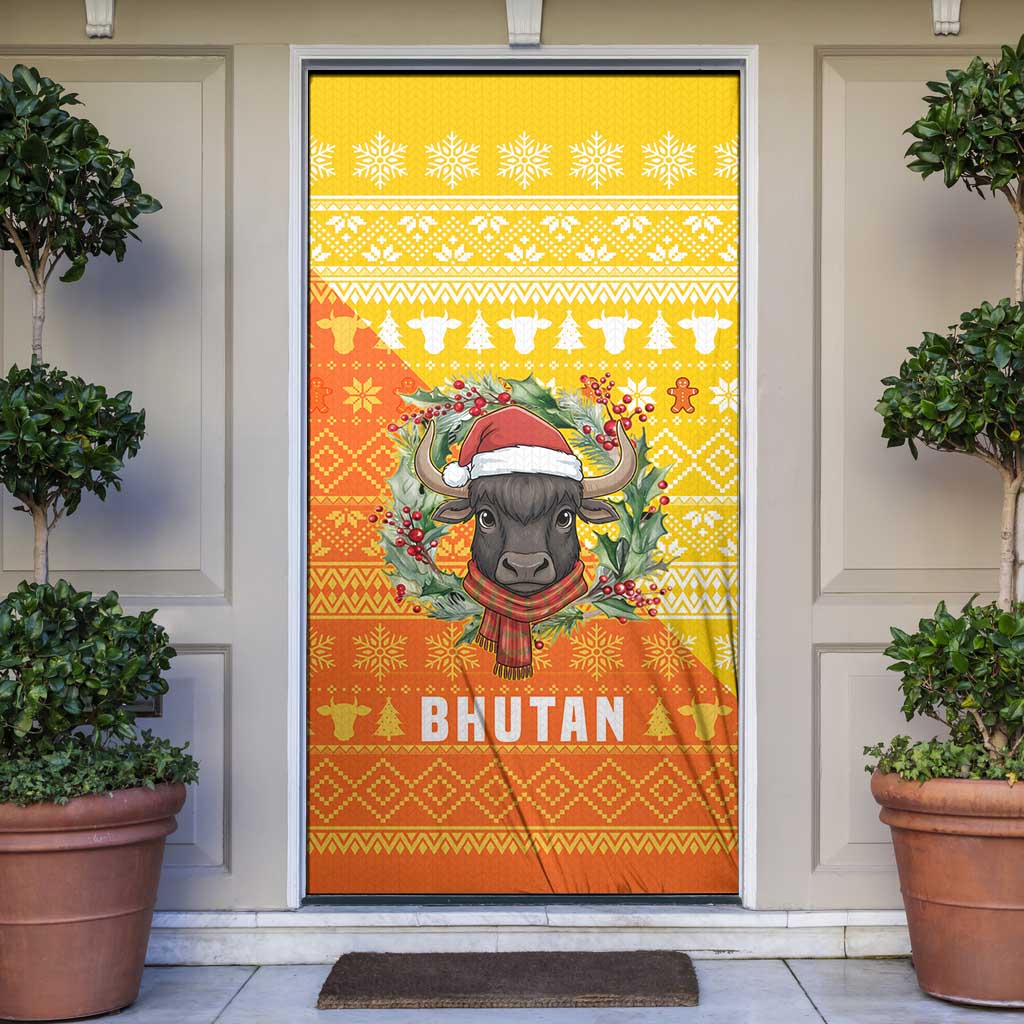 Bhutan Christmas Door Cover with Takin Reindeer Antlers Santa Hat and Yellow Orange Holiday Pattern - Wonder Print Shop