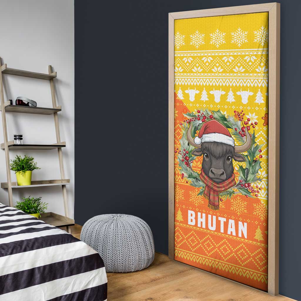Bhutan Christmas Door Cover with Takin Reindeer Antlers Santa Hat and Yellow Orange Holiday Pattern - Wonder Print Shop