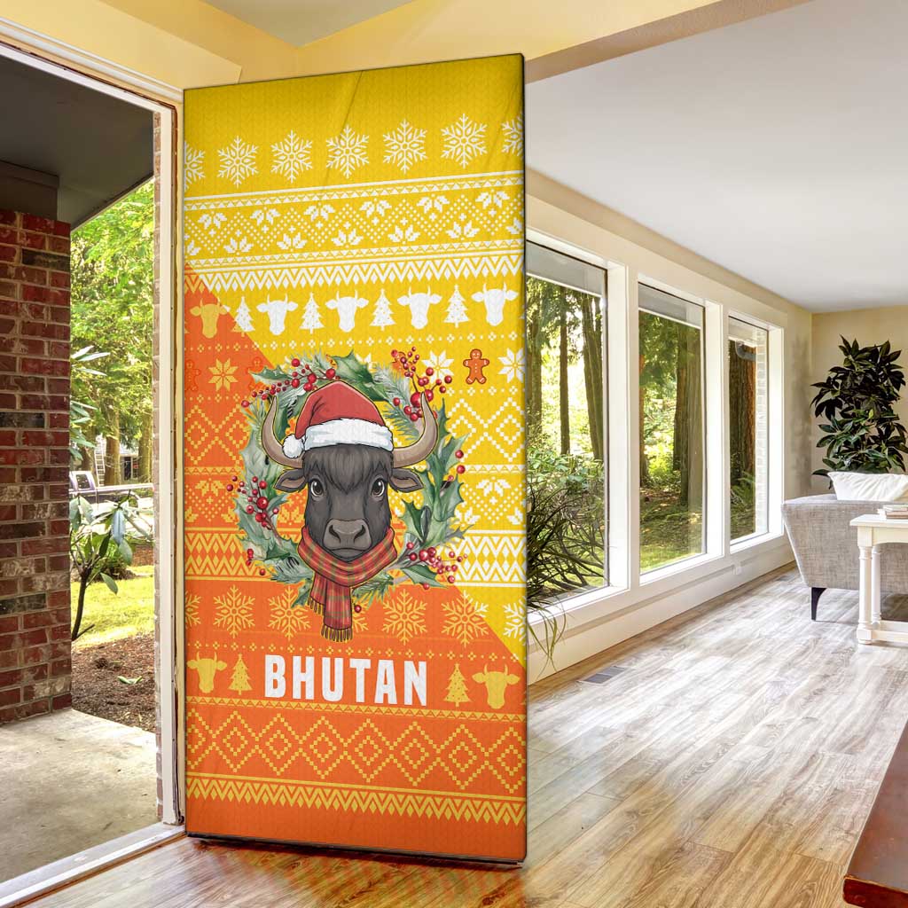 Bhutan Christmas Door Cover with Takin Reindeer Antlers Santa Hat and Yellow Orange Holiday Pattern - Wonder Print Shop