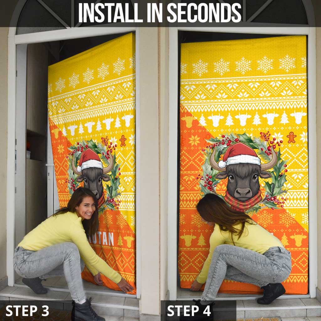 Bhutan Christmas Door Cover with Takin Reindeer Antlers Santa Hat and Yellow Orange Holiday Pattern - Wonder Print Shop