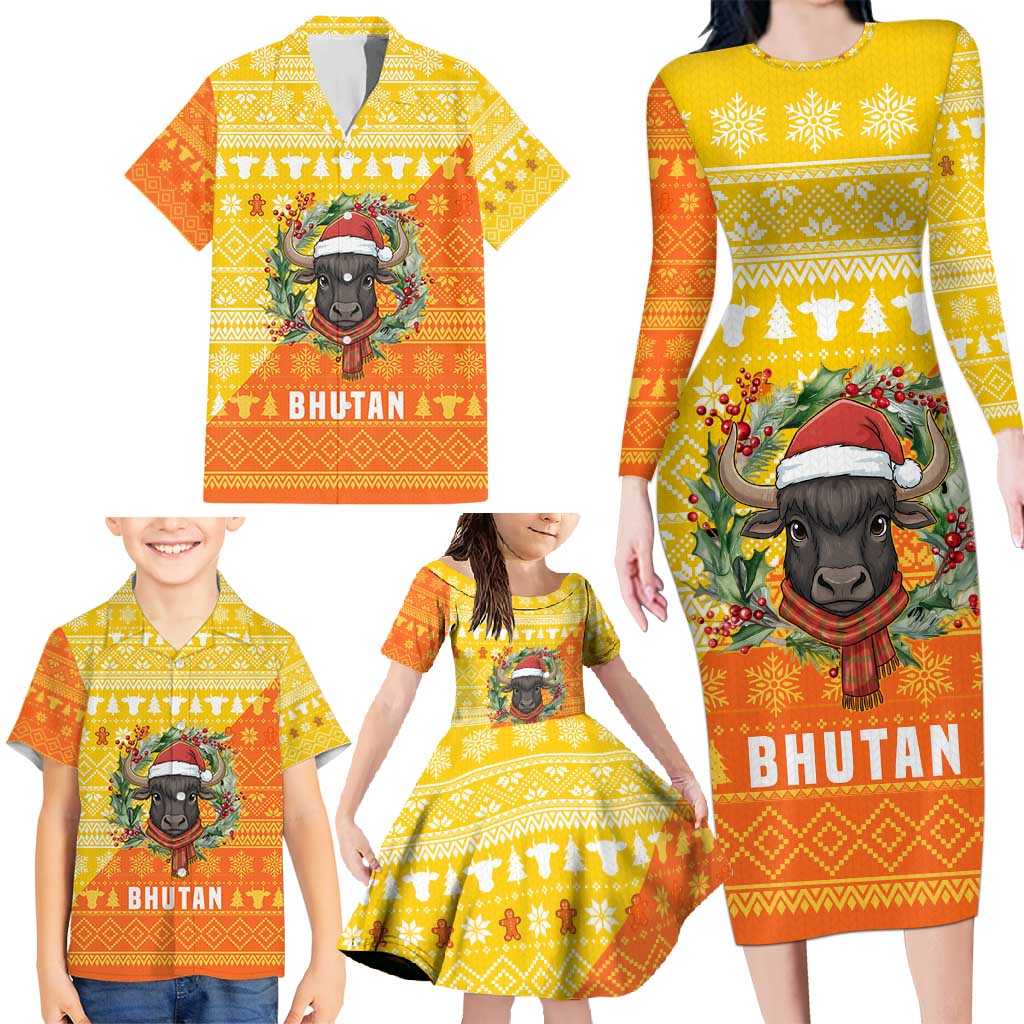 Bhutan Christmas Family Matching Long Sleeve Bodycon Dress and Hawaiian Shirt with Takin Reindeer Antlers Santa Hat and Yellow Orange Holiday Pattern - Wonder Print Shop