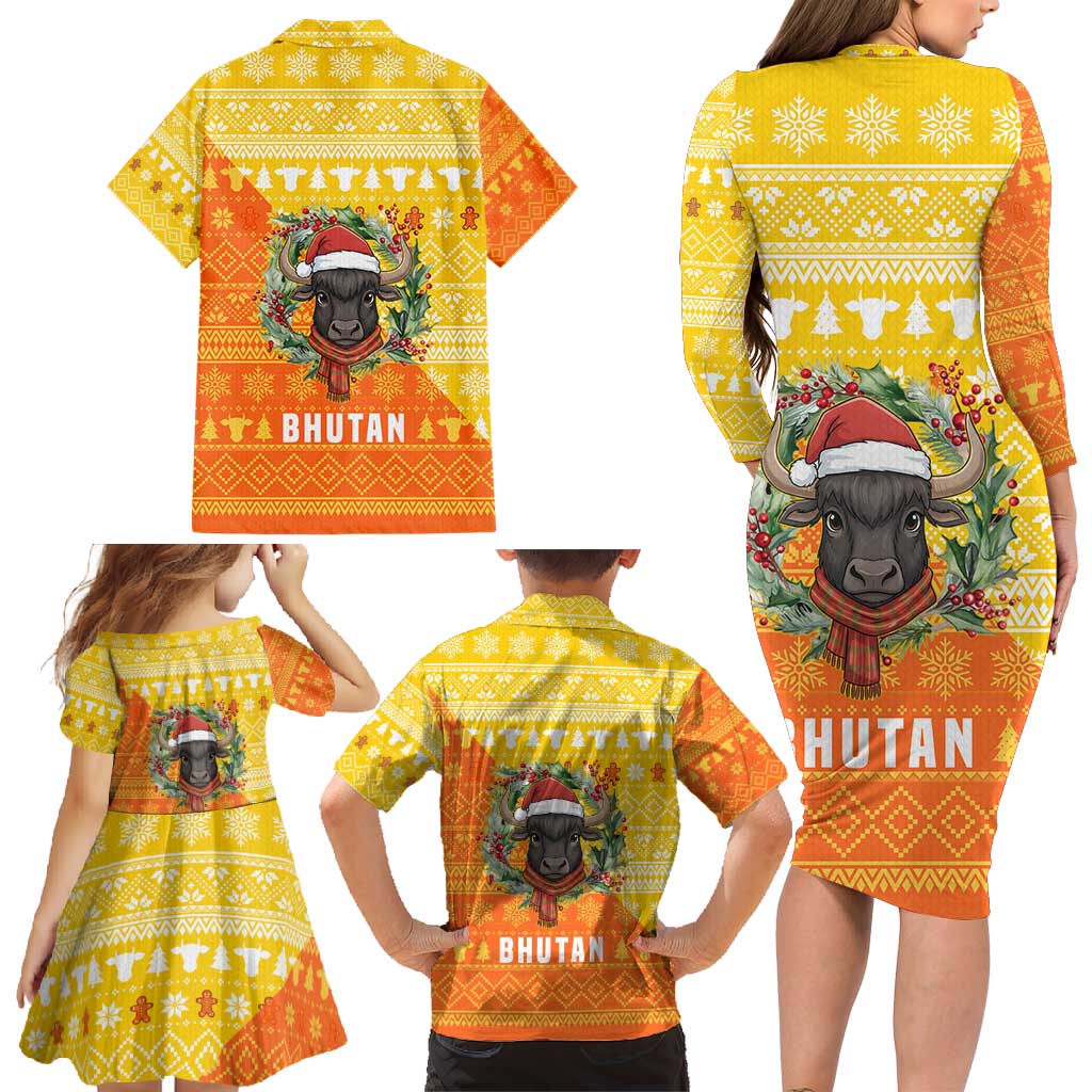 Bhutan Christmas Family Matching Long Sleeve Bodycon Dress and Hawaiian Shirt with Takin Reindeer Antlers Santa Hat and Yellow Orange Holiday Pattern - Wonder Print Shop