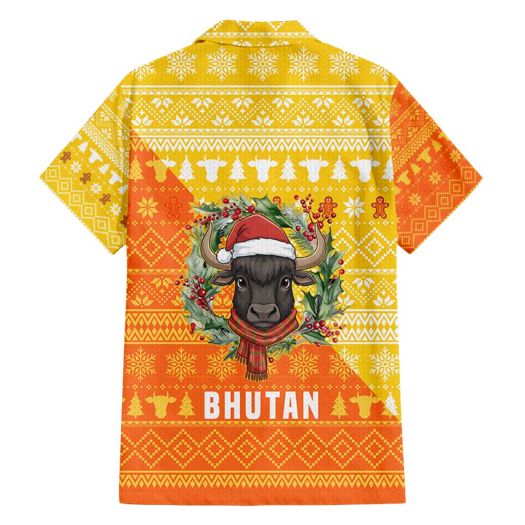 Bhutan Christmas Family Matching Long Sleeve Bodycon Dress and Hawaiian Shirt with Takin Reindeer Antlers Santa Hat and Yellow Orange Holiday Pattern - Wonder Print Shop
