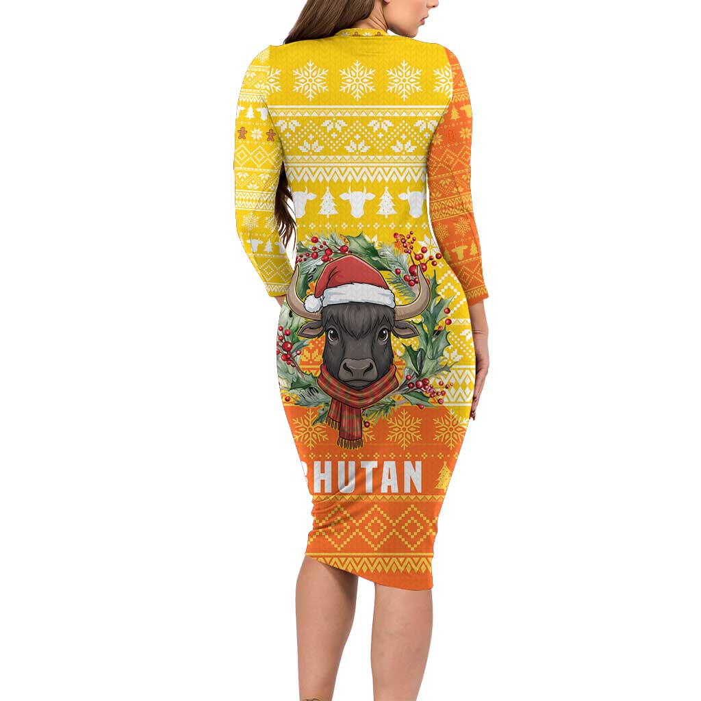 Bhutan Christmas Family Matching Long Sleeve Bodycon Dress and Hawaiian Shirt with Takin Reindeer Antlers Santa Hat and Yellow Orange Holiday Pattern - Wonder Print Shop
