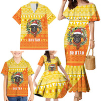 Bhutan Christmas Family Matching Mermaid Dress and Hawaiian Shirt with Takin Reindeer Antlers Santa Hat and Yellow Orange Holiday Pattern - Wonder Print Shop