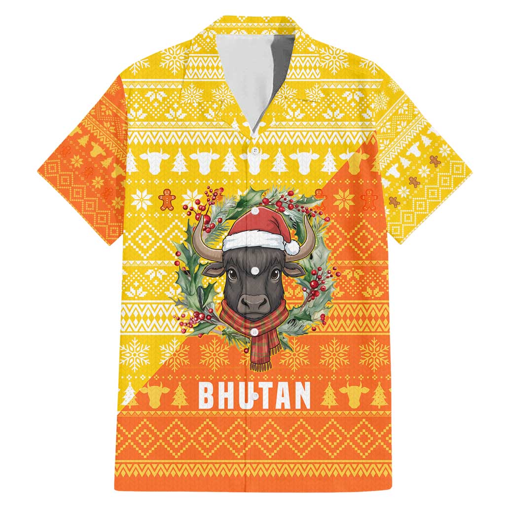 Bhutan Christmas Family Matching Mermaid Dress and Hawaiian Shirt with Takin Reindeer Antlers Santa Hat and Yellow Orange Holiday Pattern - Wonder Print Shop