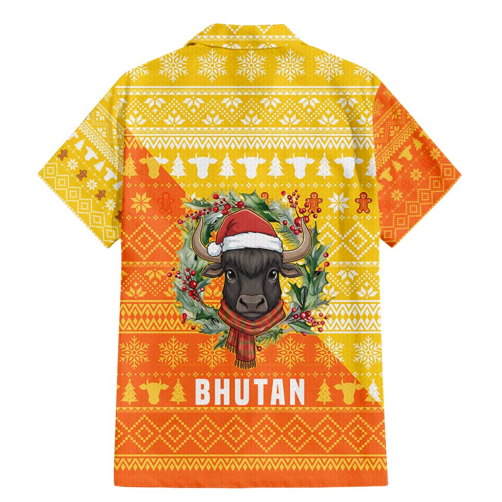 Bhutan Christmas Family Matching Mermaid Dress and Hawaiian Shirt with Takin Reindeer Antlers Santa Hat and Yellow Orange Holiday Pattern - Wonder Print Shop