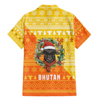 Bhutan Christmas Family Matching Mermaid Dress and Hawaiian Shirt with Takin Reindeer Antlers Santa Hat and Yellow Orange Holiday Pattern - Wonder Print Shop