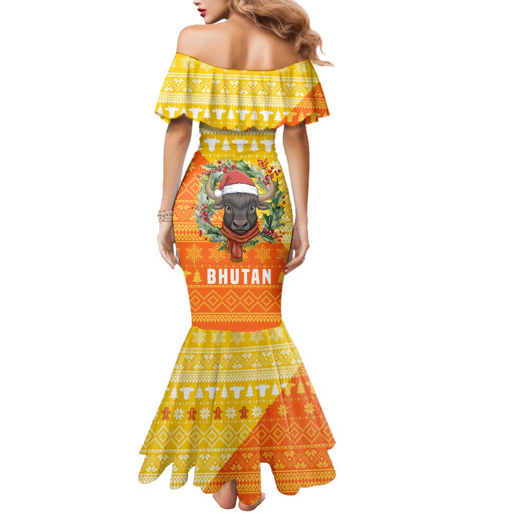 Bhutan Christmas Family Matching Mermaid Dress and Hawaiian Shirt with Takin Reindeer Antlers Santa Hat and Yellow Orange Holiday Pattern - Wonder Print Shop