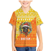 Bhutan Christmas Family Matching Mermaid Dress and Hawaiian Shirt with Takin Reindeer Antlers Santa Hat and Yellow Orange Holiday Pattern - Wonder Print Shop