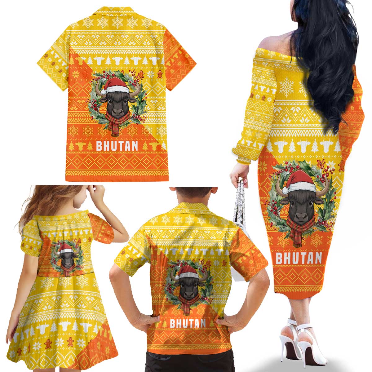 Bhutan Christmas Family Matching Off The Shoulder Long Sleeve Dress and Hawaiian Shirt with Takin Reindeer Antlers Santa Hat and Yellow Orange Holiday Pattern - Wonder Print Shop