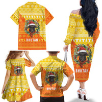 Bhutan Christmas Family Matching Off The Shoulder Long Sleeve Dress and Hawaiian Shirt with Takin Reindeer Antlers Santa Hat and Yellow Orange Holiday Pattern - Wonder Print Shop