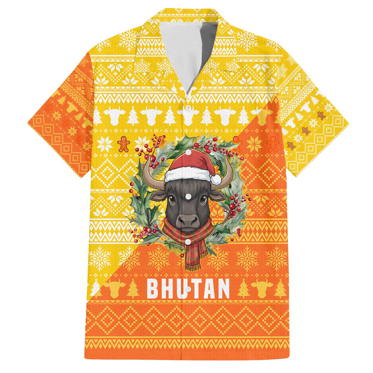 Bhutan Christmas Family Matching Off The Shoulder Long Sleeve Dress and Hawaiian Shirt with Takin Reindeer Antlers Santa Hat and Yellow Orange Holiday Pattern - Wonder Print Shop