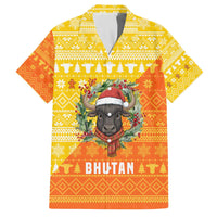 Bhutan Christmas Family Matching Off The Shoulder Long Sleeve Dress and Hawaiian Shirt with Takin Reindeer Antlers Santa Hat and Yellow Orange Holiday Pattern - Wonder Print Shop